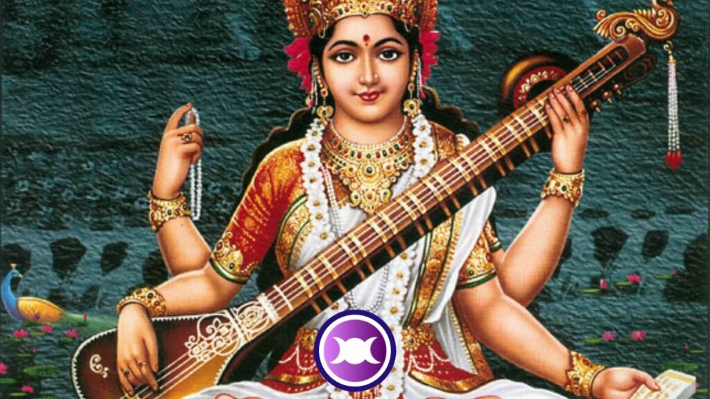 Illustration showing Saraswati, the Hindu Goddess of Arts