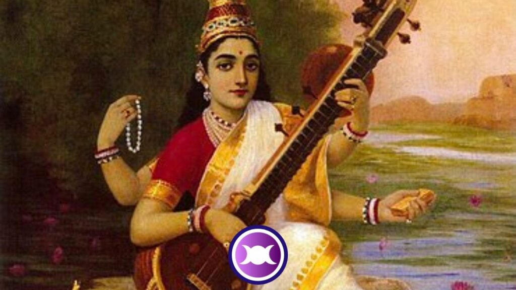 A rather serious painting depicting Saraswati