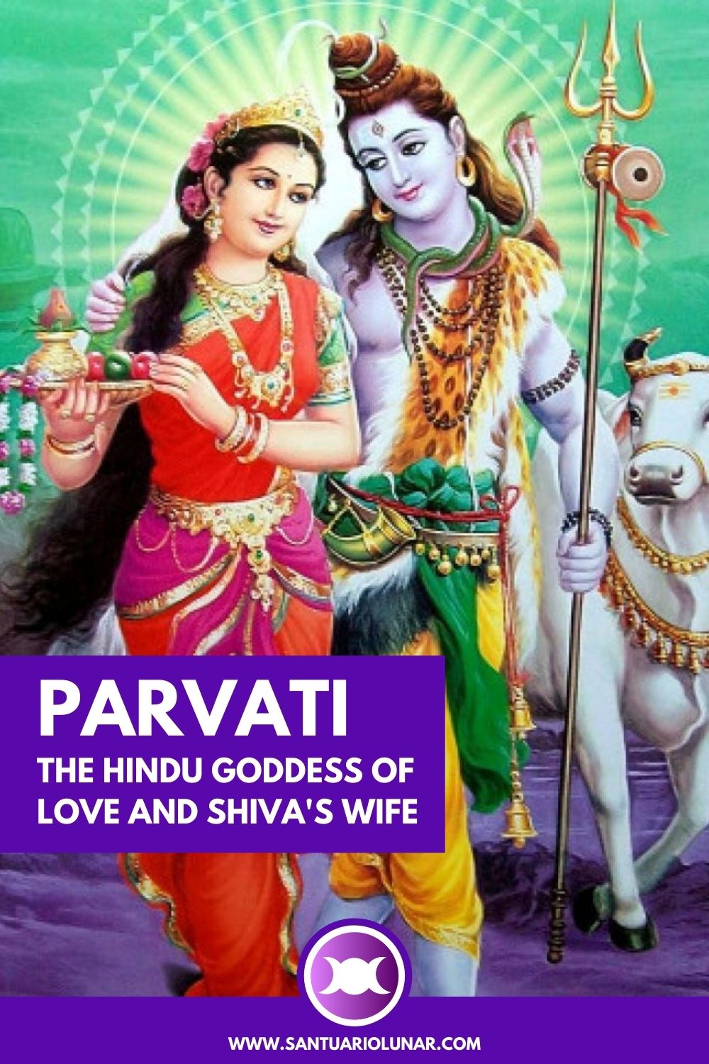 A Pin for Pinterest with Parvati, Shiva and their sacred Cow